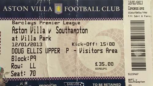 Aston Villa away ticket in the Premier League on the 1/12/2013 at the Villa Park