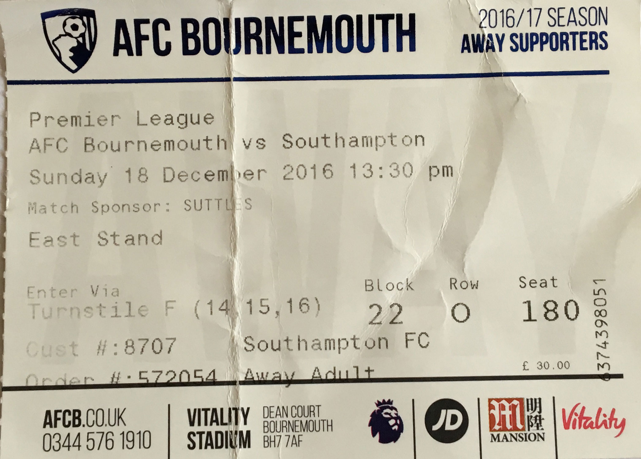 AFC Bournemouth away ticket in the Premier League on the 12/18/2016 at the Vitality Stadium