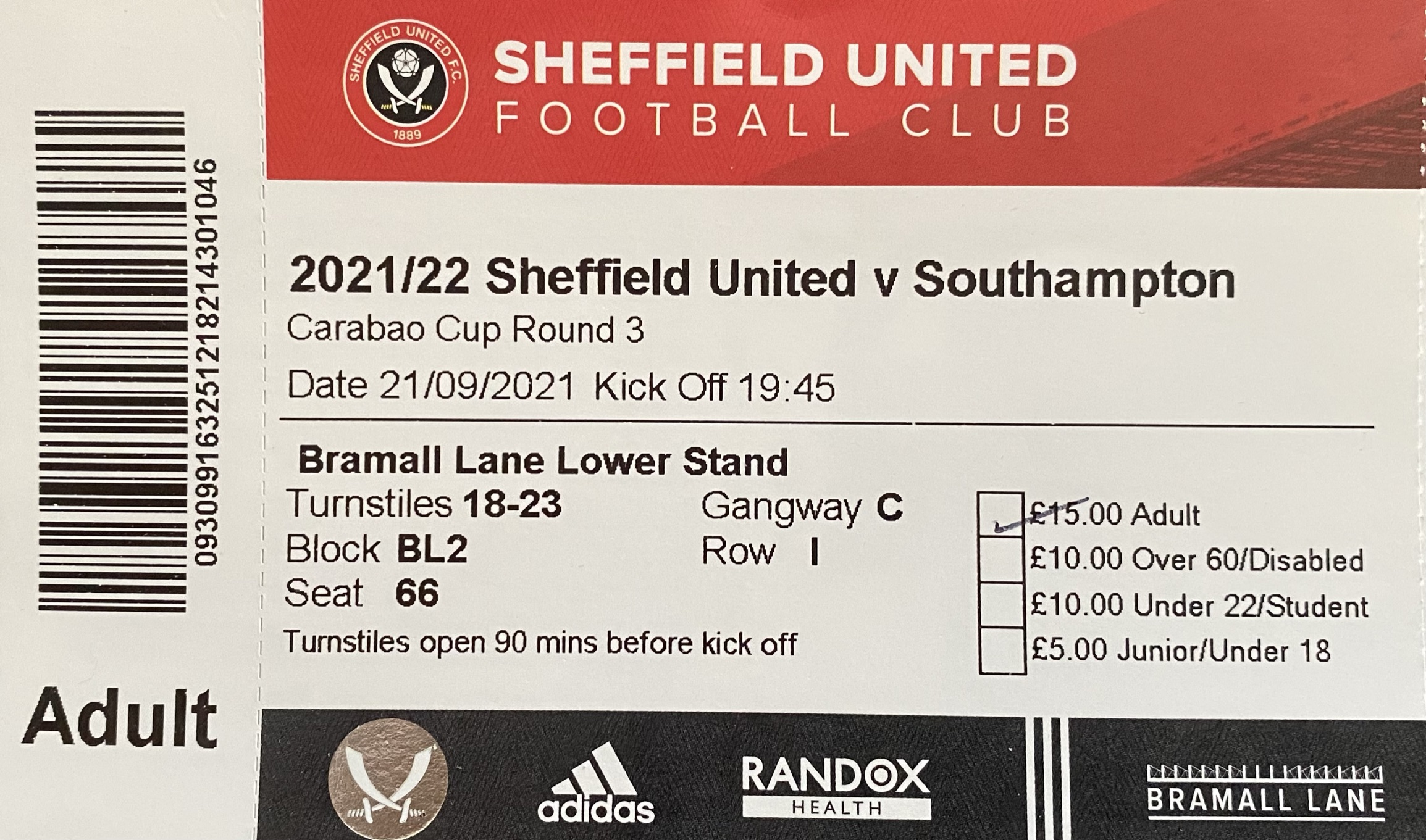Sheffield United away ticket in the Carabao Cup on the 9/21/2021 at the Bramall Lane