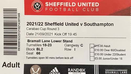 Sheffield United away ticket in the Carabao Cup on the 9/21/2021 at the Bramall Lane