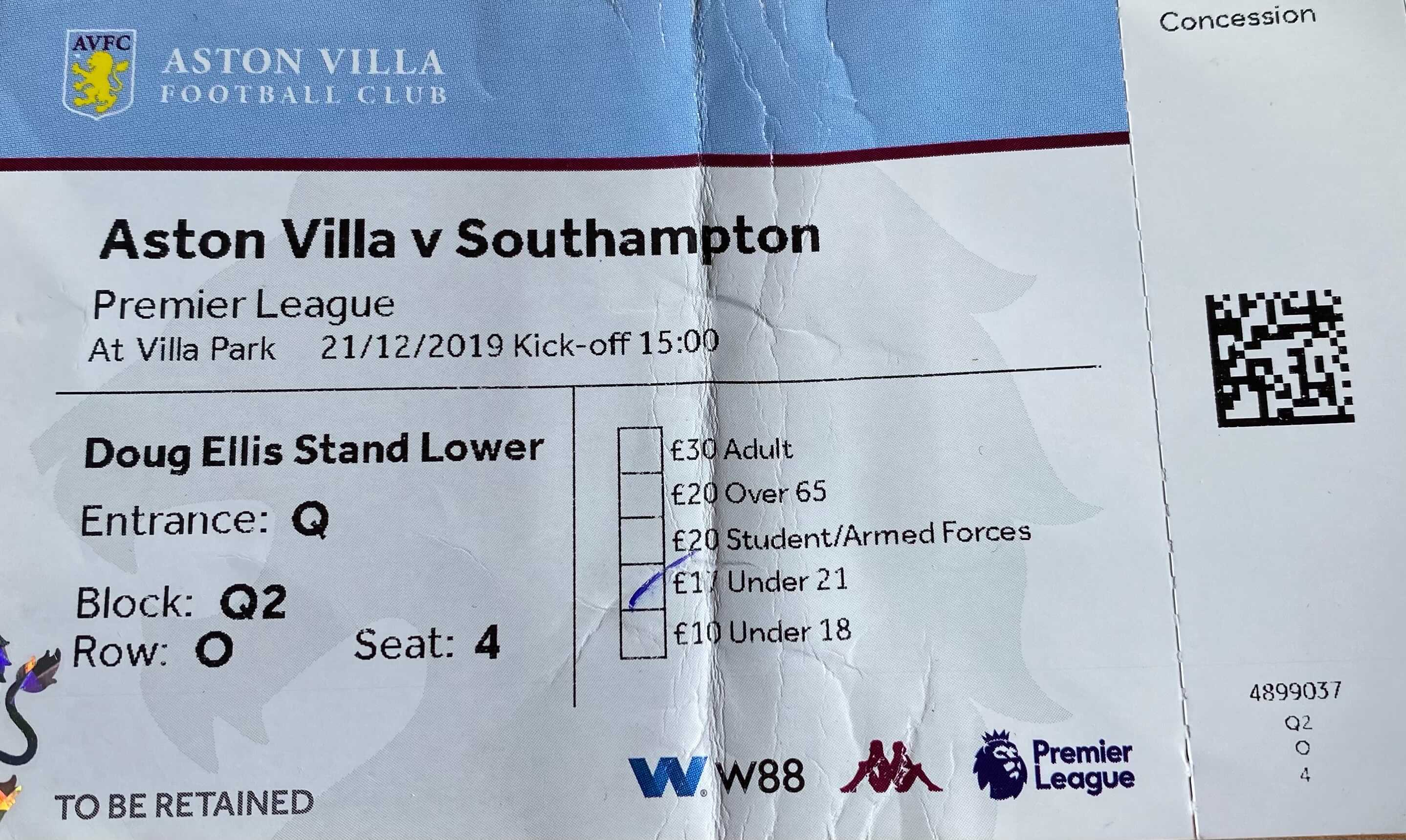 Aston Villa away ticket in the Premier League on the 12/21/2019 at the Villa Park