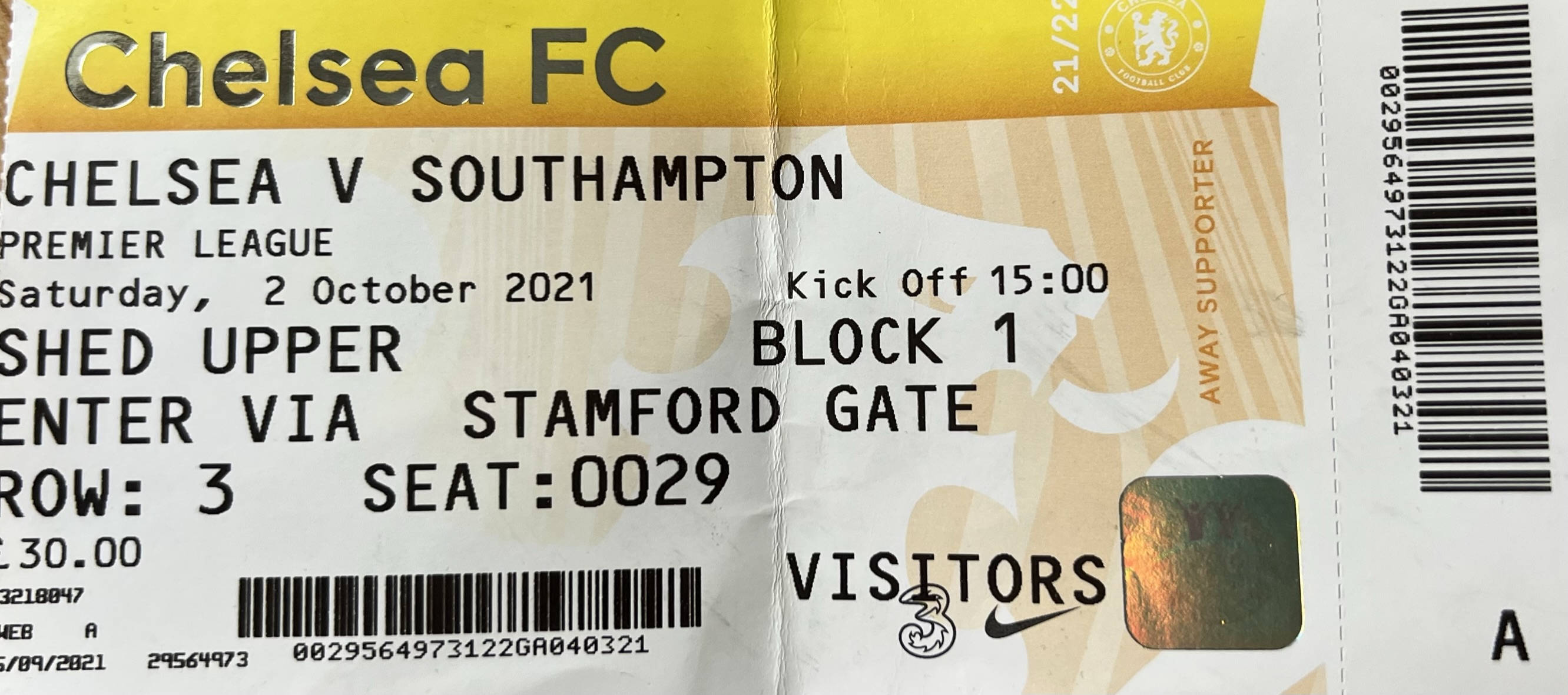 Chelsea away ticket in the Premier League on the 10/2/2021 at the Stamford Bridge