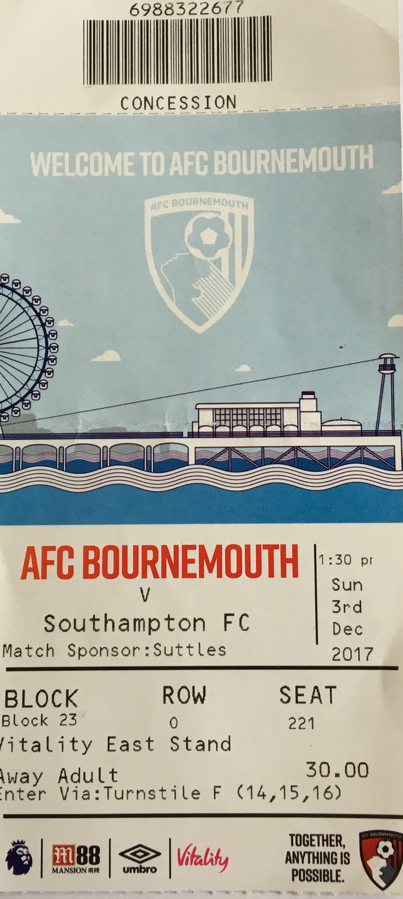 AFC Bournemouth away ticket in the Premier League on the 12/3/2017 at the Vitality Stadium