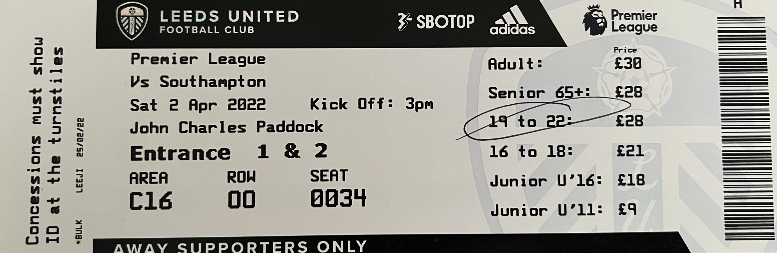 Leeds United away ticket in the Premier League on the 4/2/2022 at the Elland Road