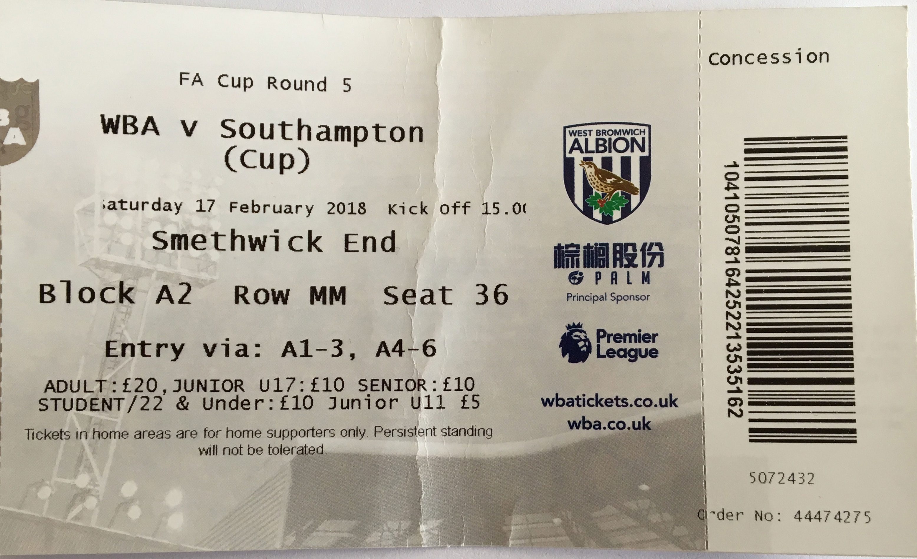 West Bromwich Albion away ticket in the Emirates FA Cup on the 2/17/2018 at the The Hawthorns