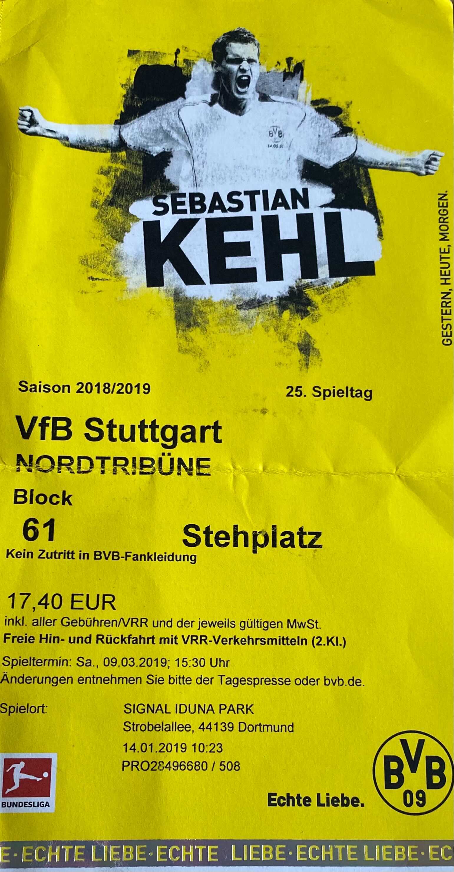 Borussia Dortmund away ticket in the German Bundesliga on the 3/9/2018 at the Signal Iduna Park