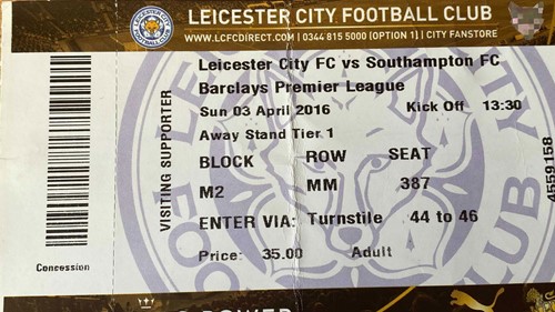 Leicester City away ticket in the Premier League on the 4/3/2016 at the King Power Stadium