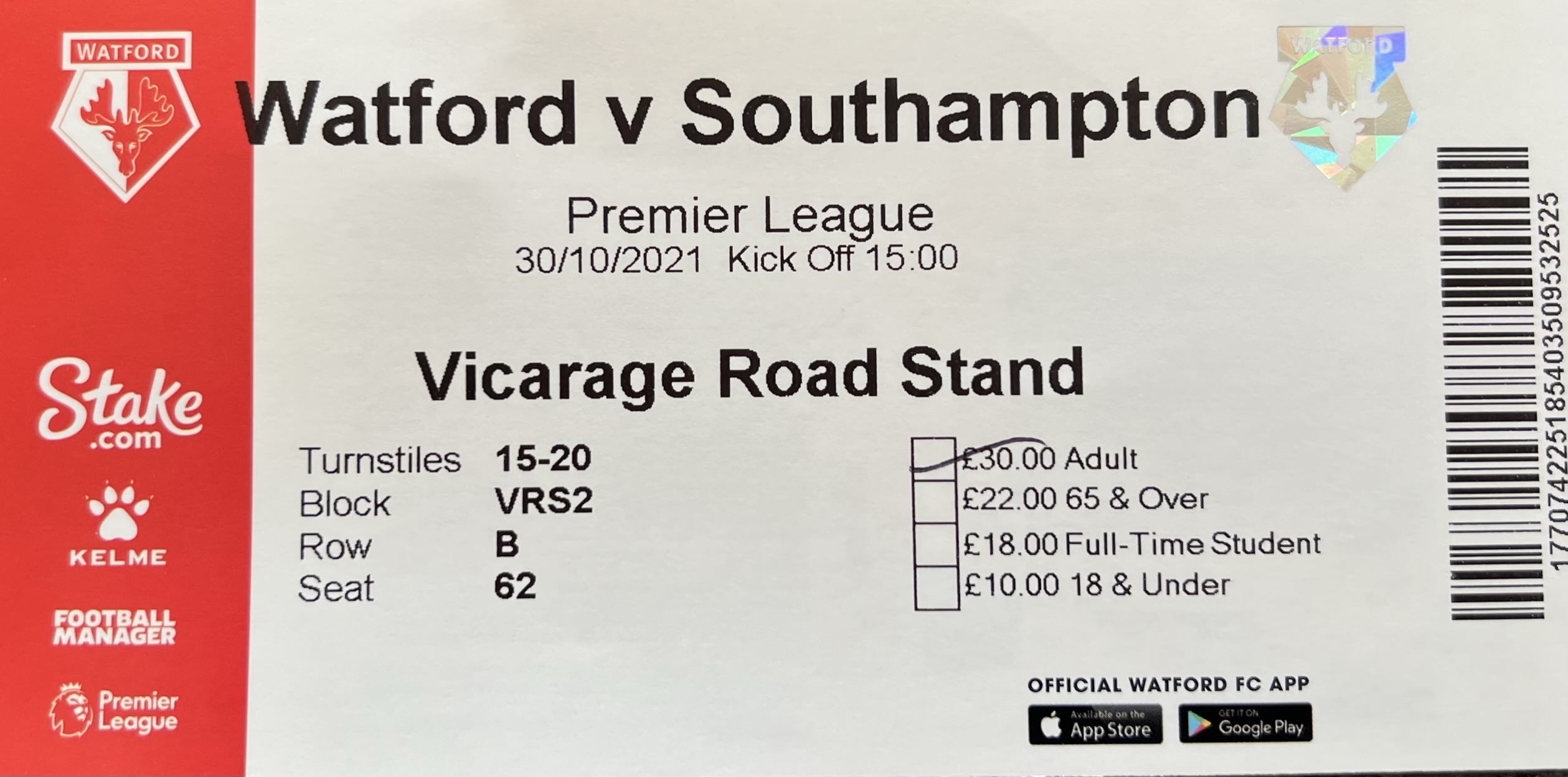 Watford away ticket in the Premier League on the 10/30/2021 at the Vicarage Road