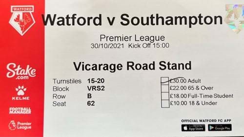 Watford away ticket in the Premier League on the 10/30/2021 at the Vicarage Road