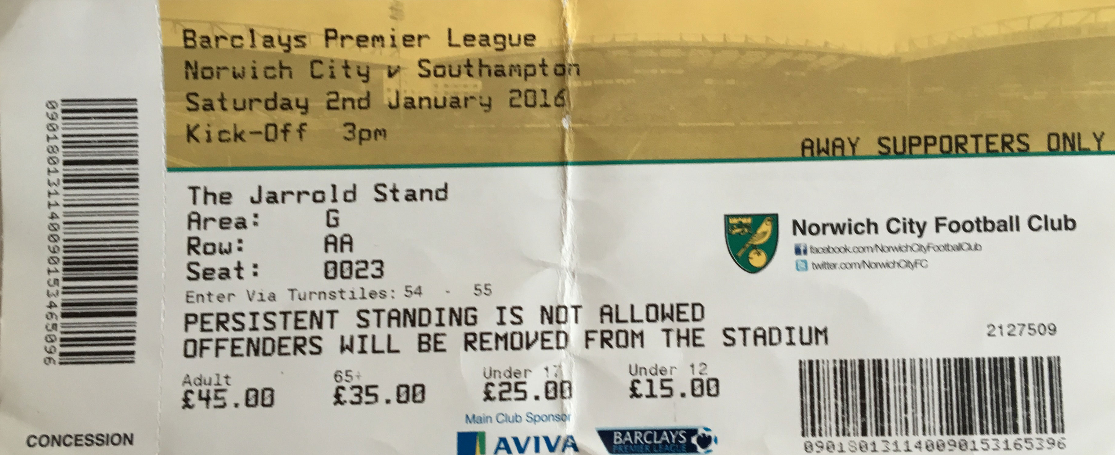 Norwich City away ticket in the Premier League on the 1/2/2016 at the Carrow Road