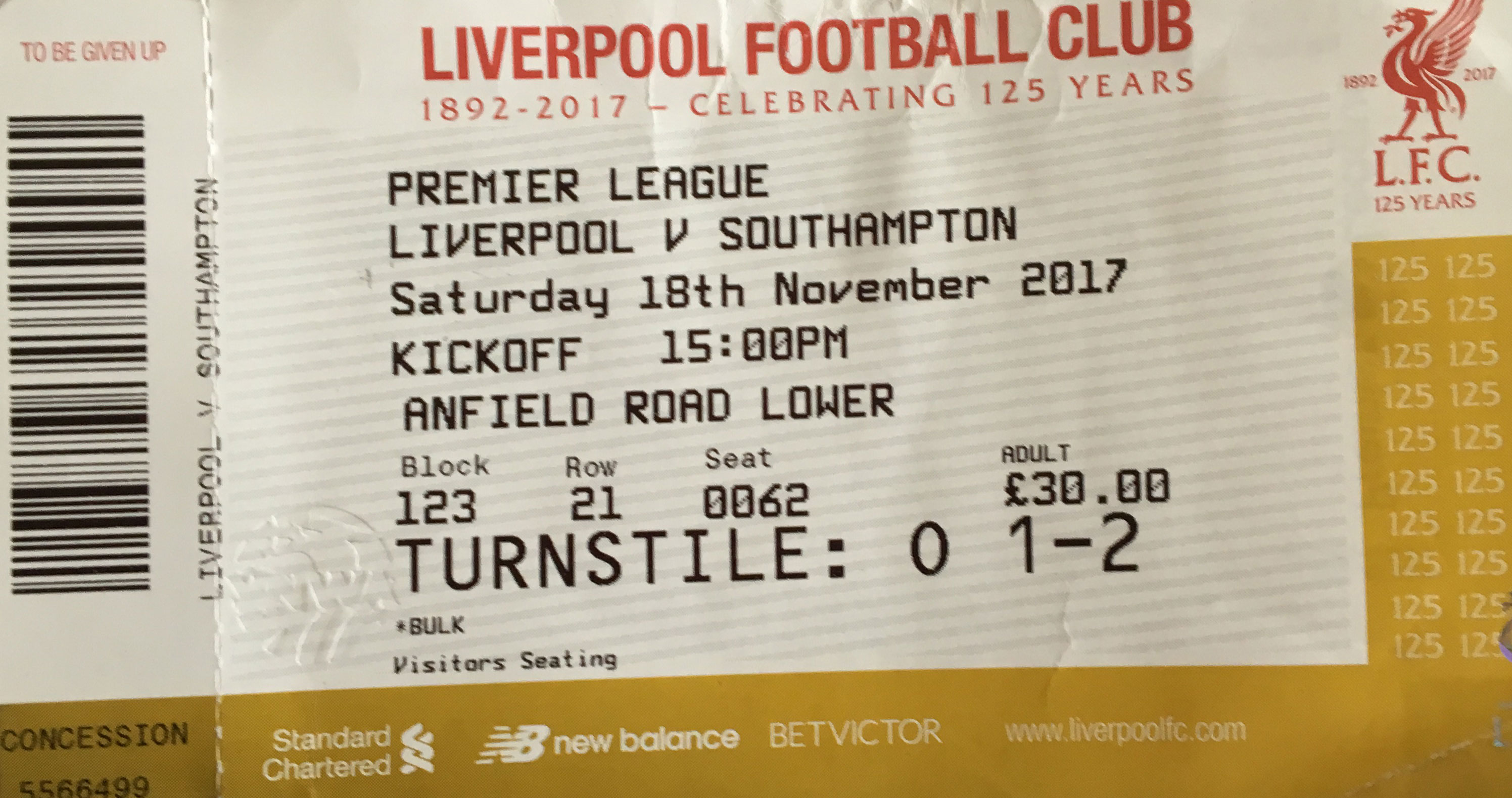 Liverpool away ticket in the Premier League on the 11/18/2017 at the Anfield