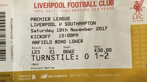 Liverpool away ticket in the Premier League on the 11/18/2017 at the Anfield