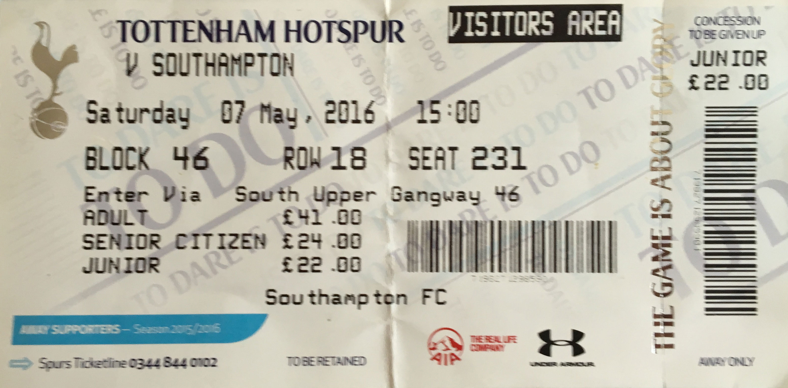 Tottenham Hotspur away ticket in the Premier League on the 5/7/2016 at the White Hart Lane