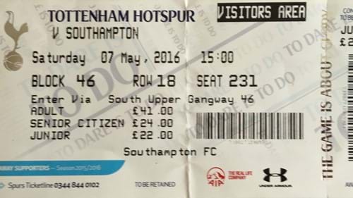 Tottenham Hotspur away ticket in the Premier League on the 5/7/2016 at the White Hart Lane