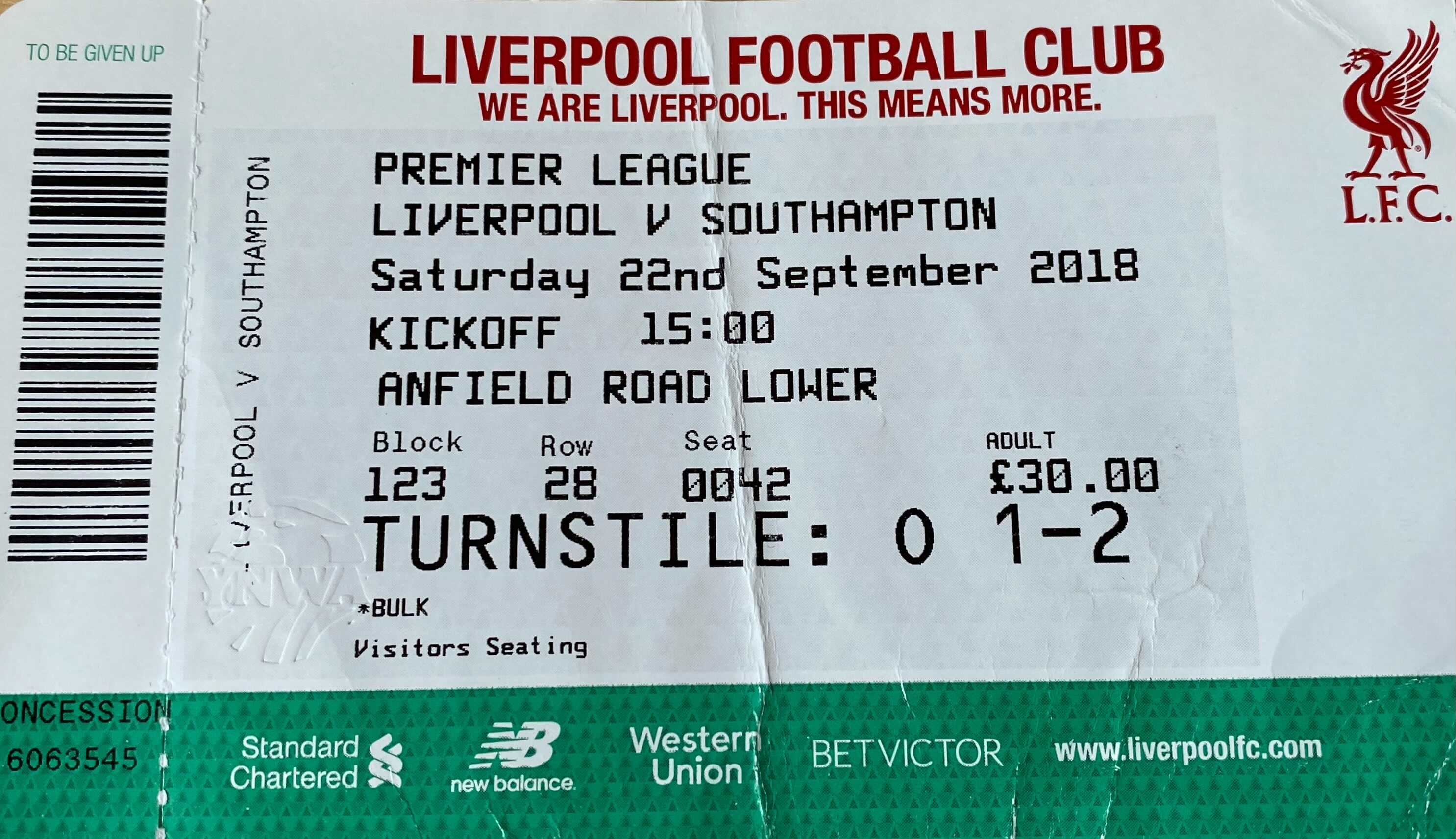 Liverpool away ticket in the Premier League on the 9/22/2018 at the Anfield