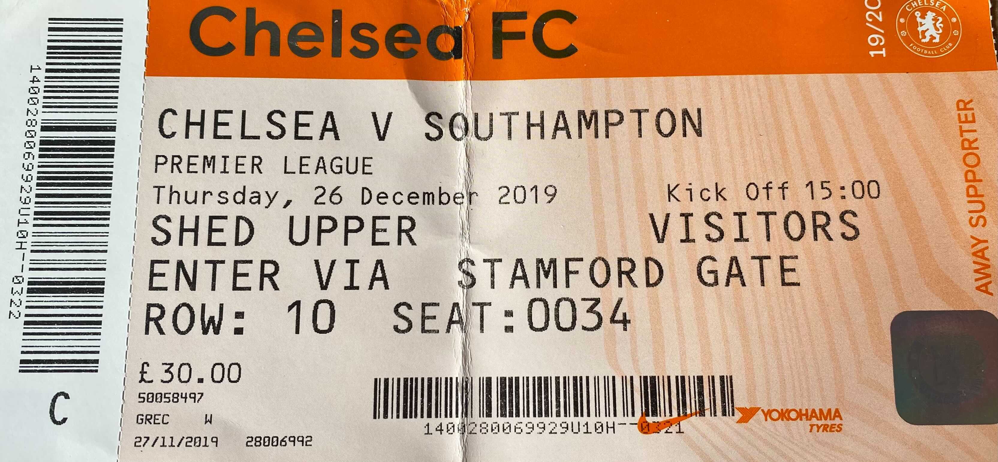 Chelsea away ticket in the Premier League on the 12/26/2019 at the Stamford Bridge