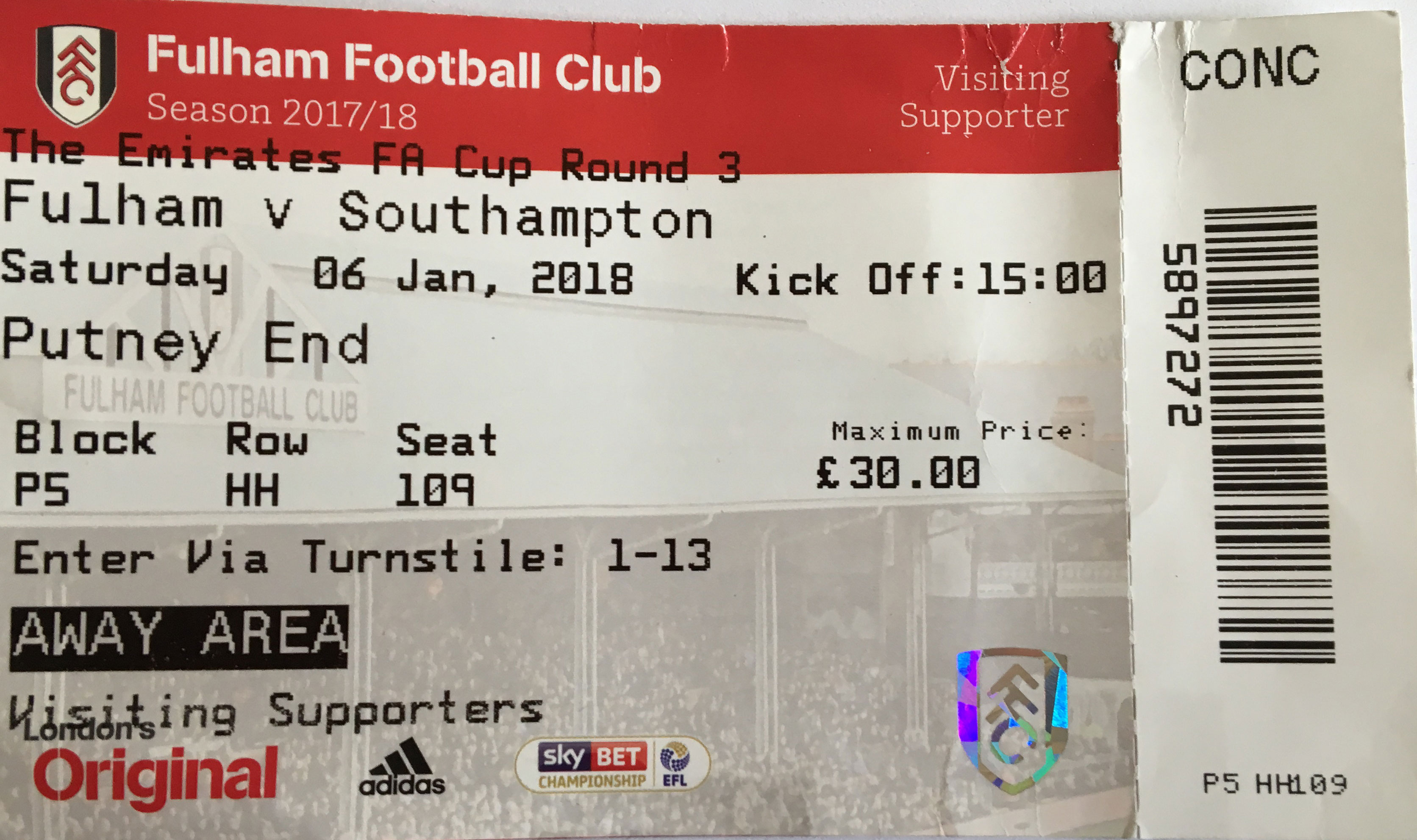 Fulham away ticket in the Emirates FA Cup on the 1/6/2018 at the Craven Cottage
