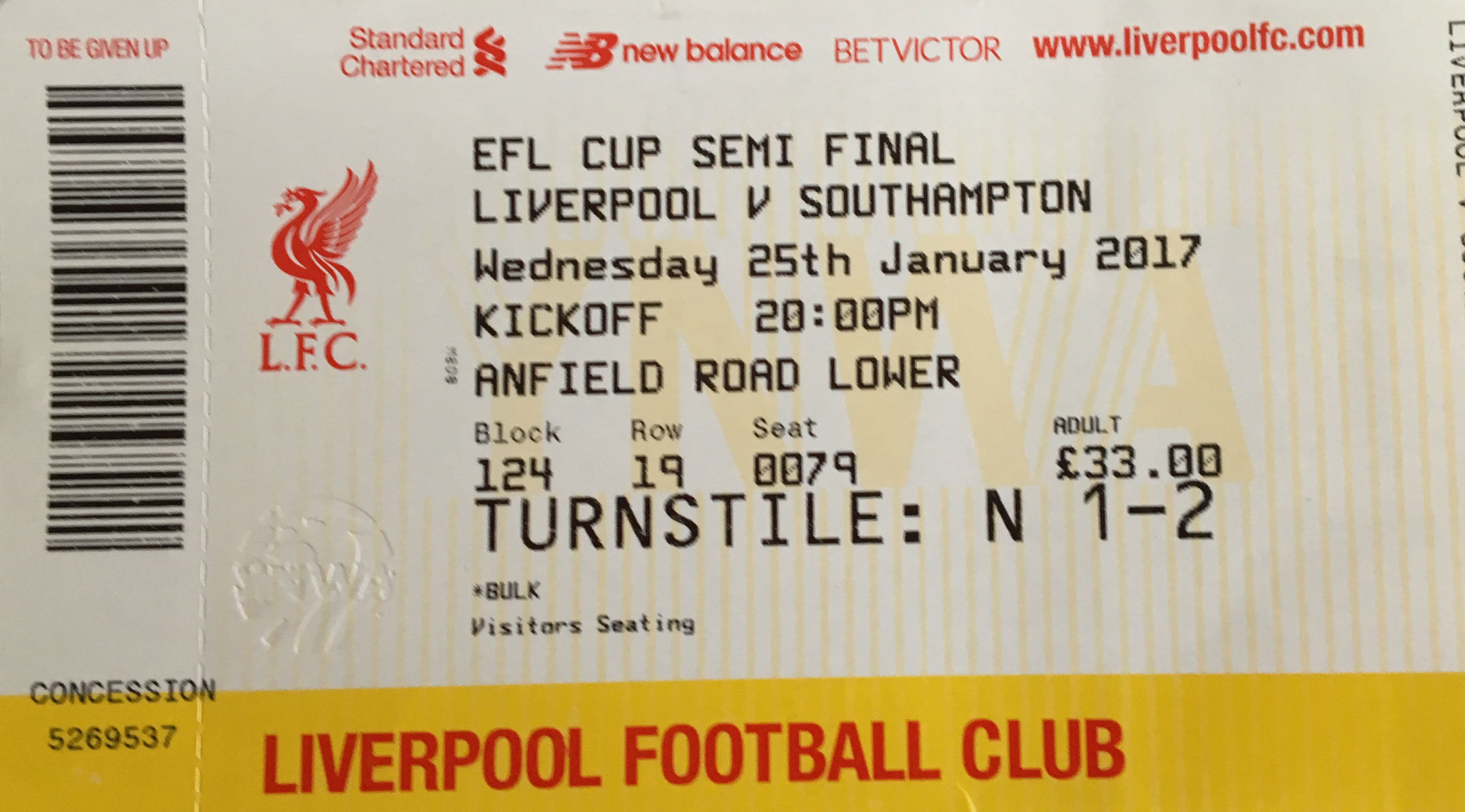 Liverpool away ticket in the EFL Cup on the 1/25/2017 at the Anfield