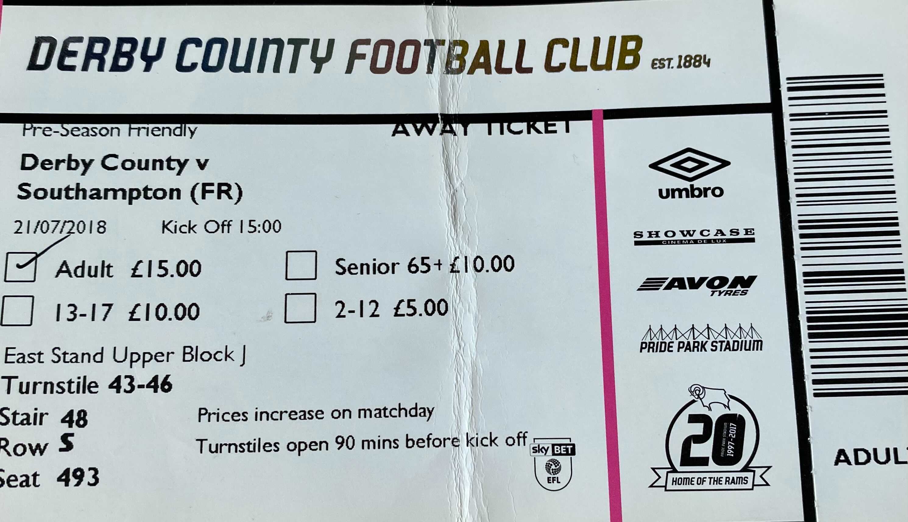Derby County away ticket in the Pre season friendly on the 7/21/2018 at the Pride Park Stadium