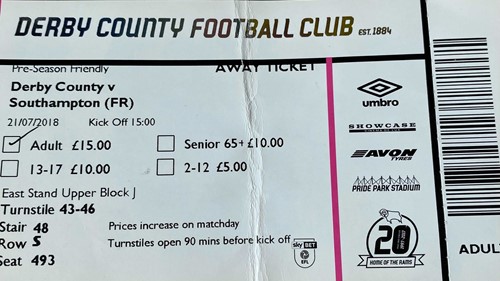 Derby County away ticket in the Pre season friendly on the 7/21/2018 at the Pride Park Stadium