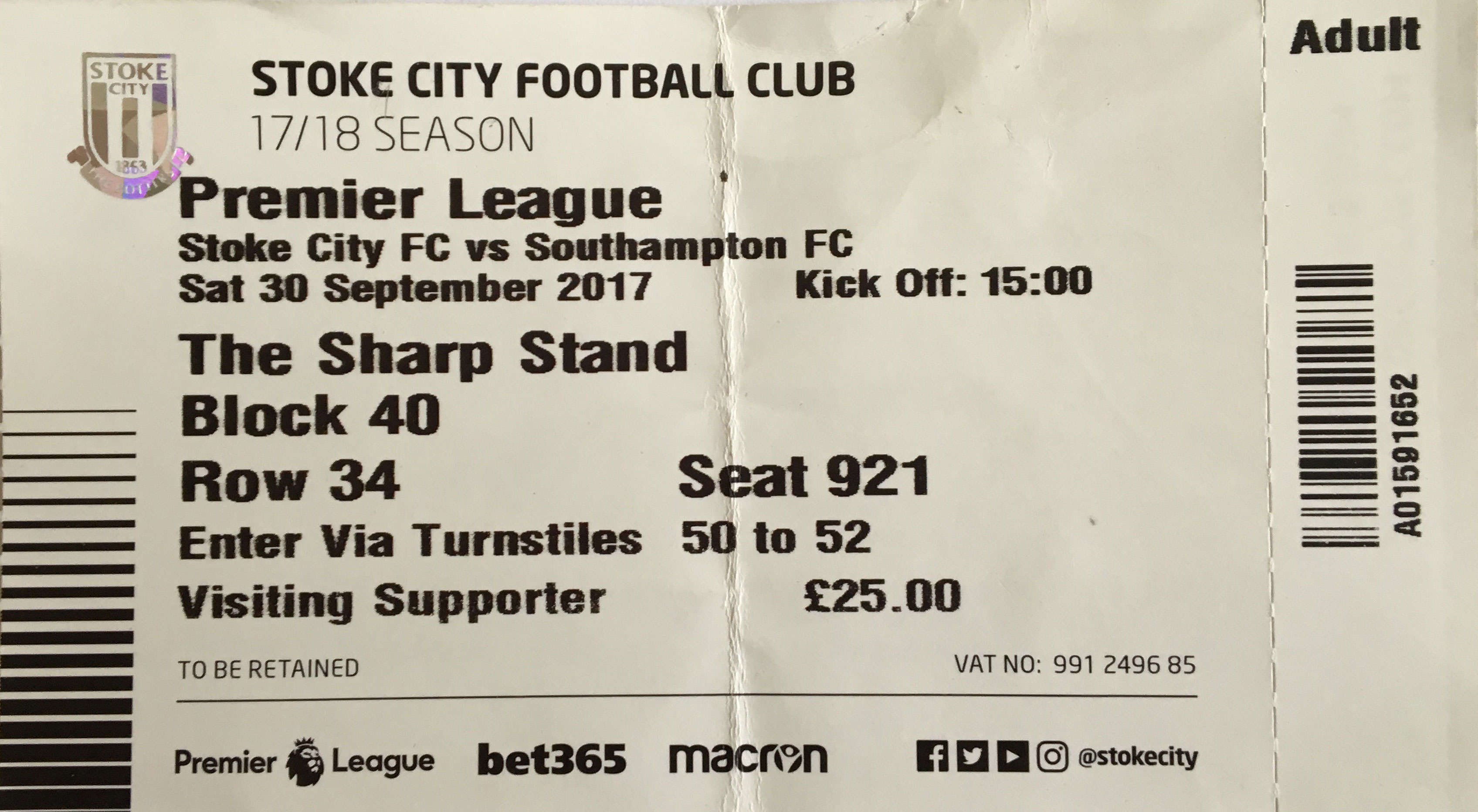 Stoke City away ticket in the Premier League on the 9/30/2017 at the bet365 Stadium