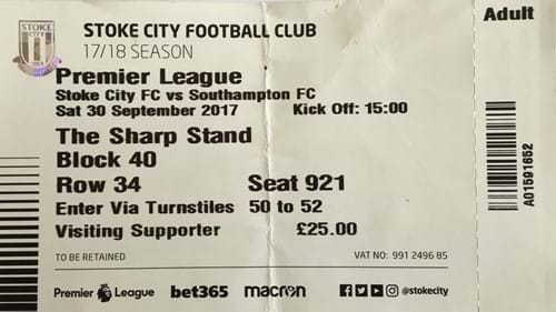 Stoke City away ticket in the Premier League on the 9/30/2017 at the bet365 Stadium
