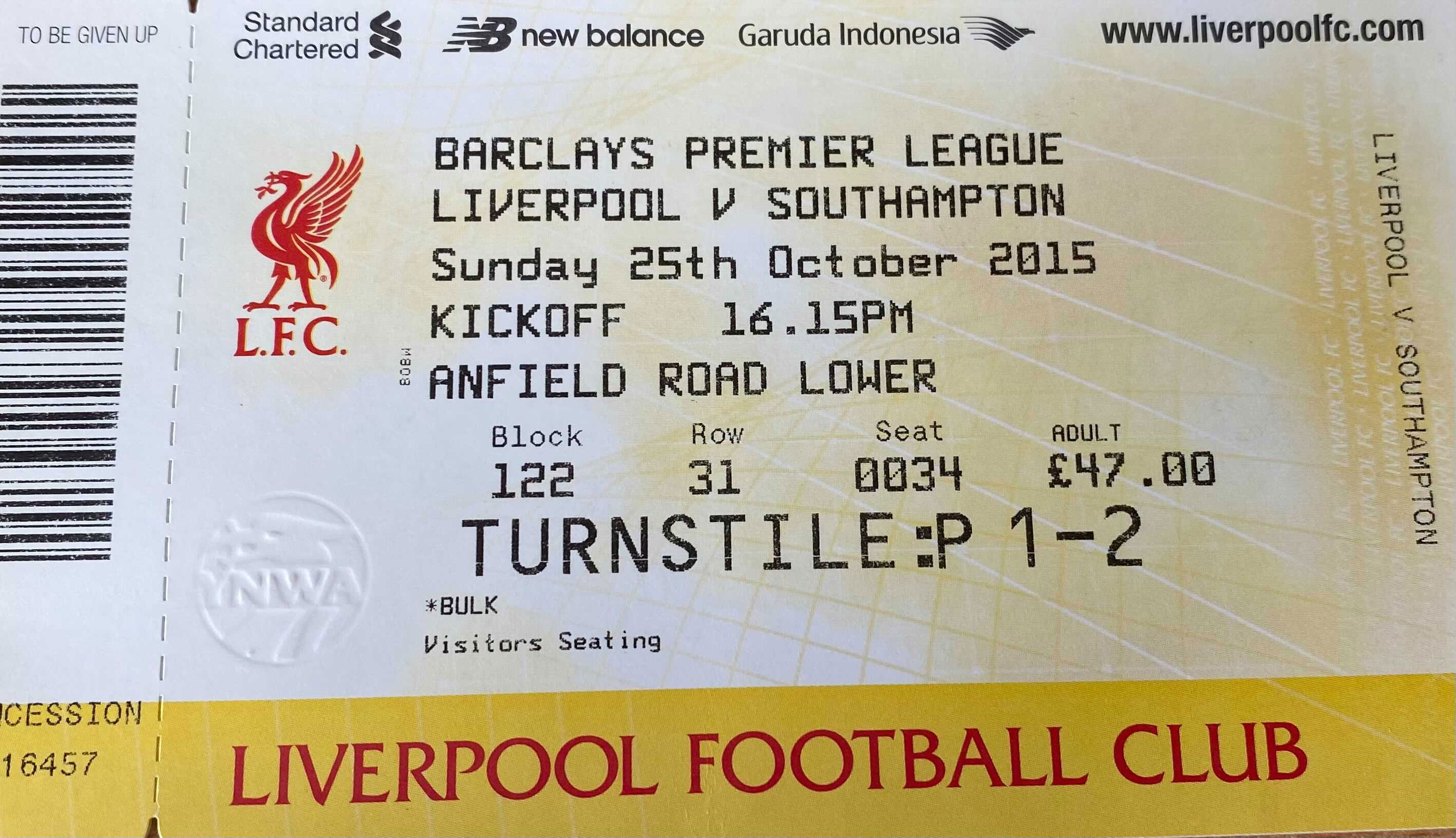 Liverpool away ticket in the Premier League on the 10/25/2015 at the Anfield