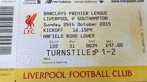 Liverpool away ticket in the Premier League on the 10/25/2015 at the Anfield