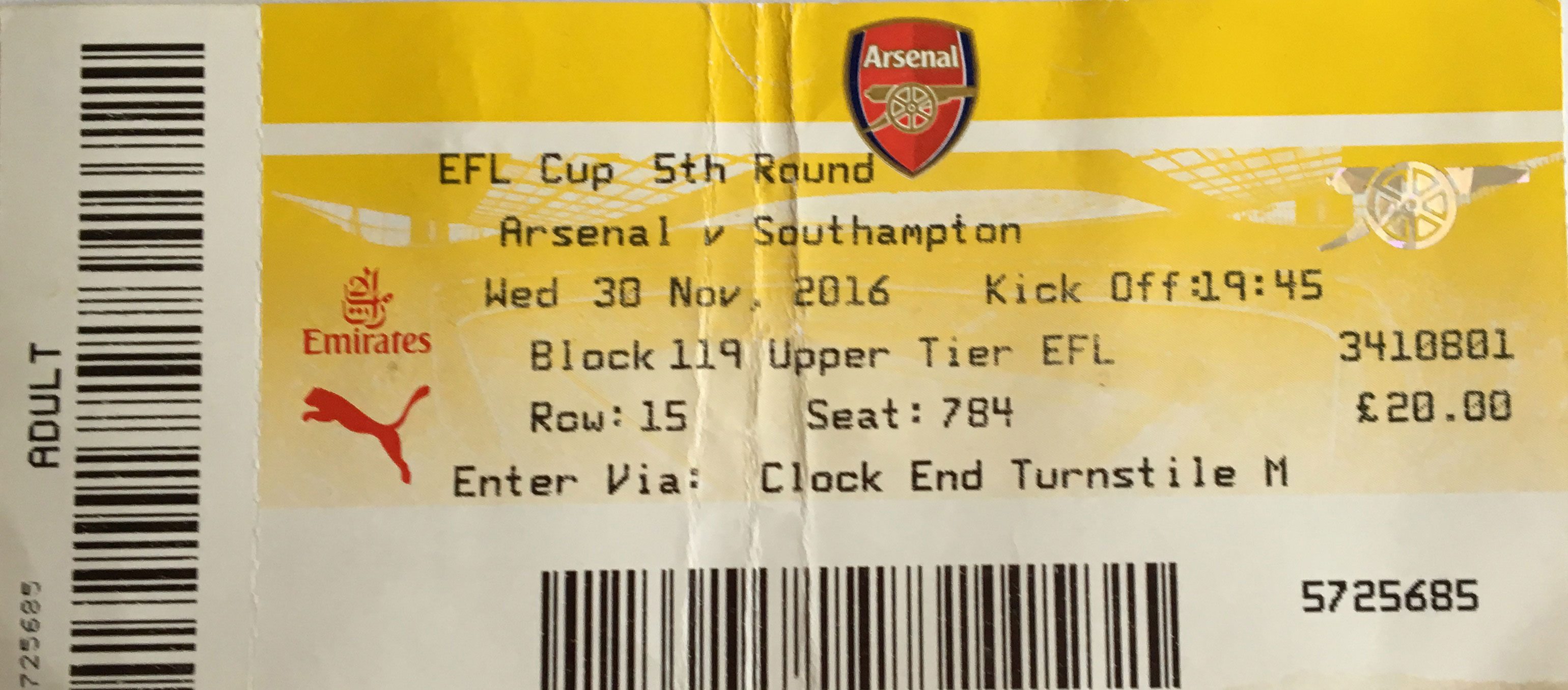 Arsenal away ticket in the EFL Cup on the 11/30/2016 at the The Emirates
