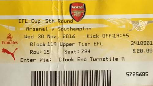 Arsenal away ticket in the EFL Cup on the 11/30/2016 at the The Emirates