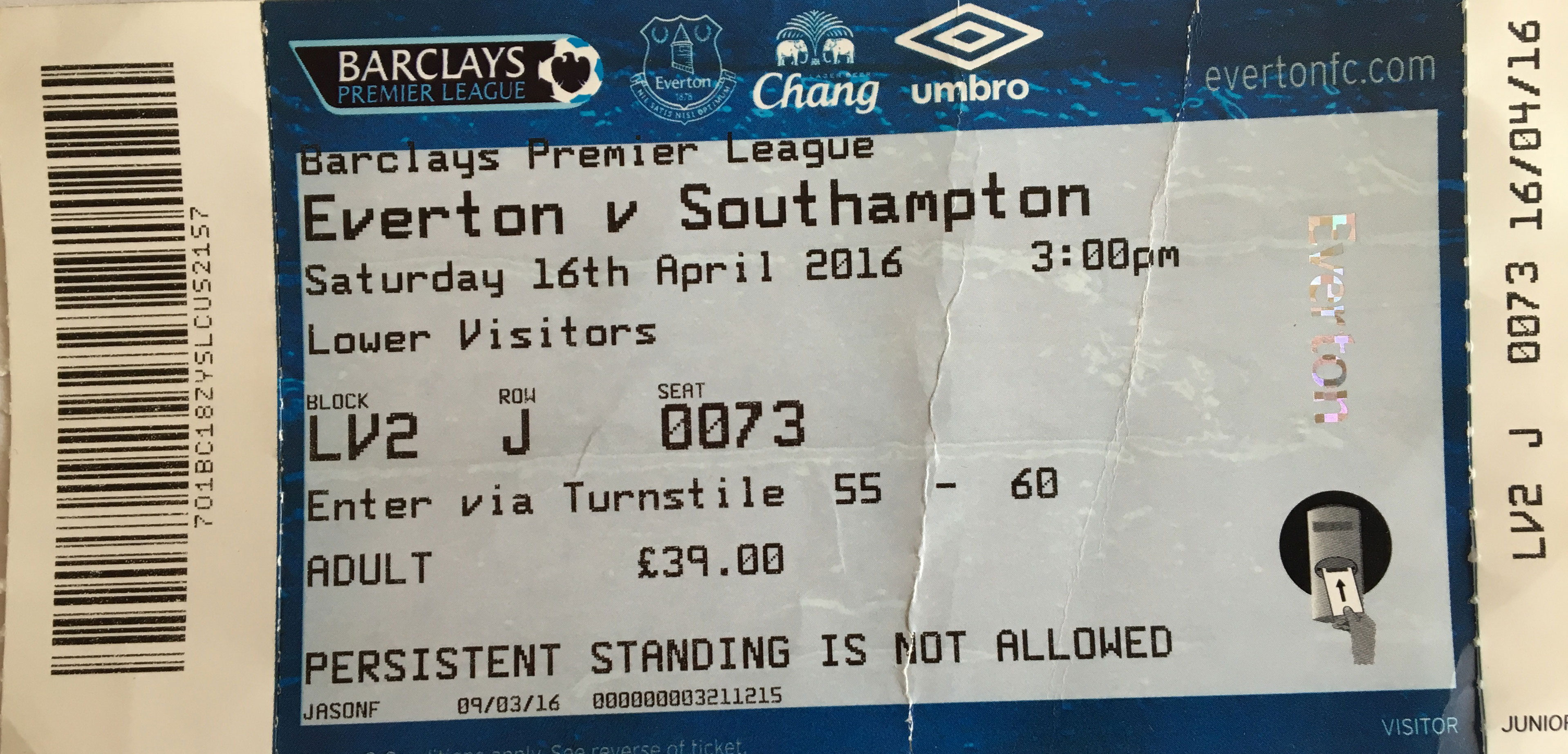 Everton away ticket in the Premier League on the 4/16/2016 at the Goodison Park