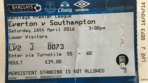 Everton away ticket in the Premier League on the 4/16/2016 at the Goodison Park