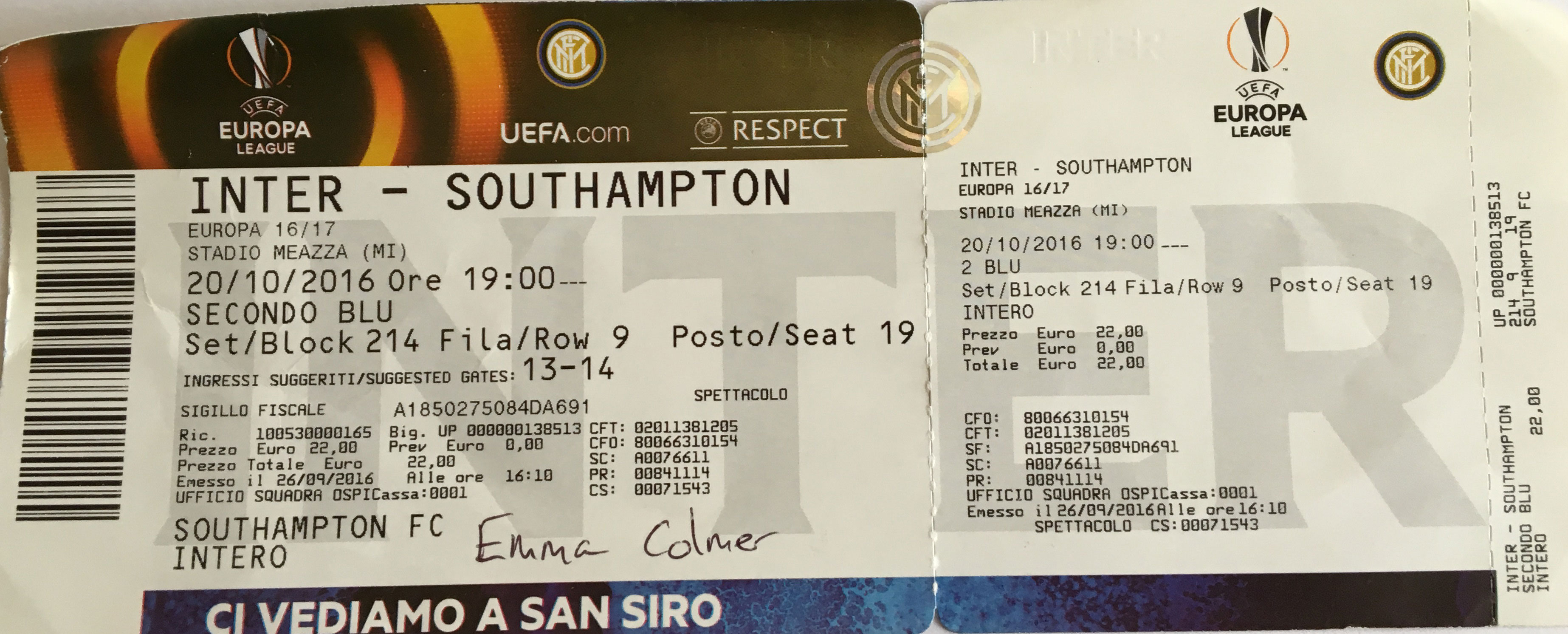 Inter Milan away ticket in the Europa League on the 10/20/2016 at the San Siro