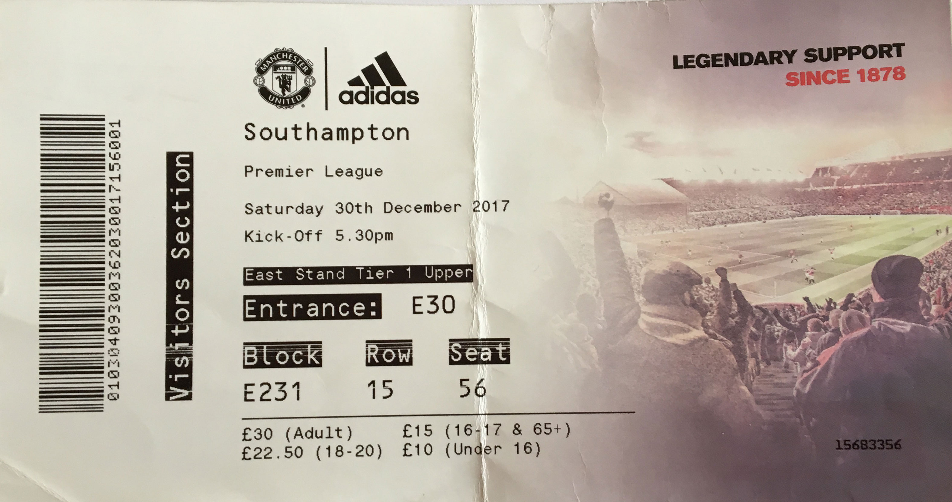 Manchester United away ticket in the Premier League on the 12/30/2017 at the Old Trafford