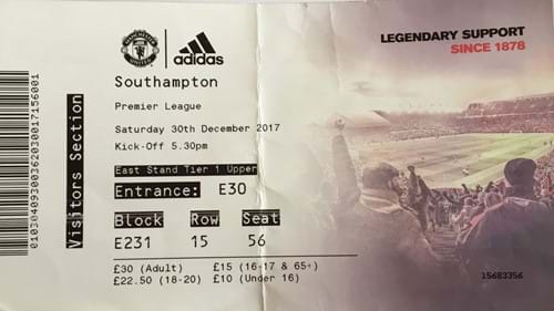 Manchester United away ticket in the Premier League on the 12/30/2017 at the Old Trafford