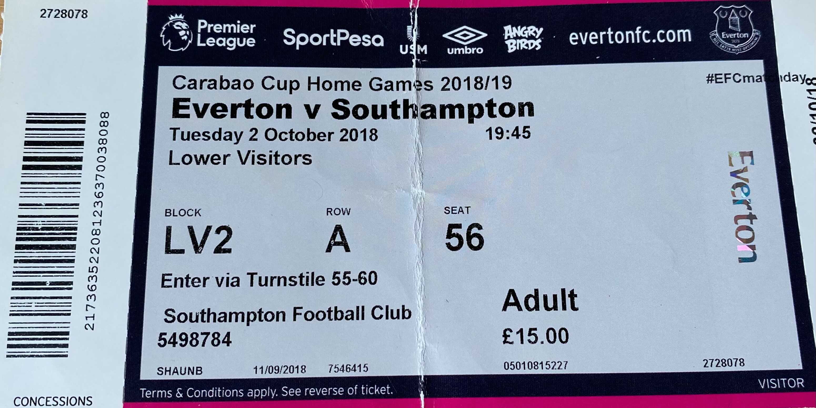 Everton away ticket in the The Carabao Cup on the 10/2/2018 at the Goodison Park