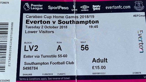 Everton away ticket in the The Carabao Cup on the 10/2/2018 at the Goodison Park