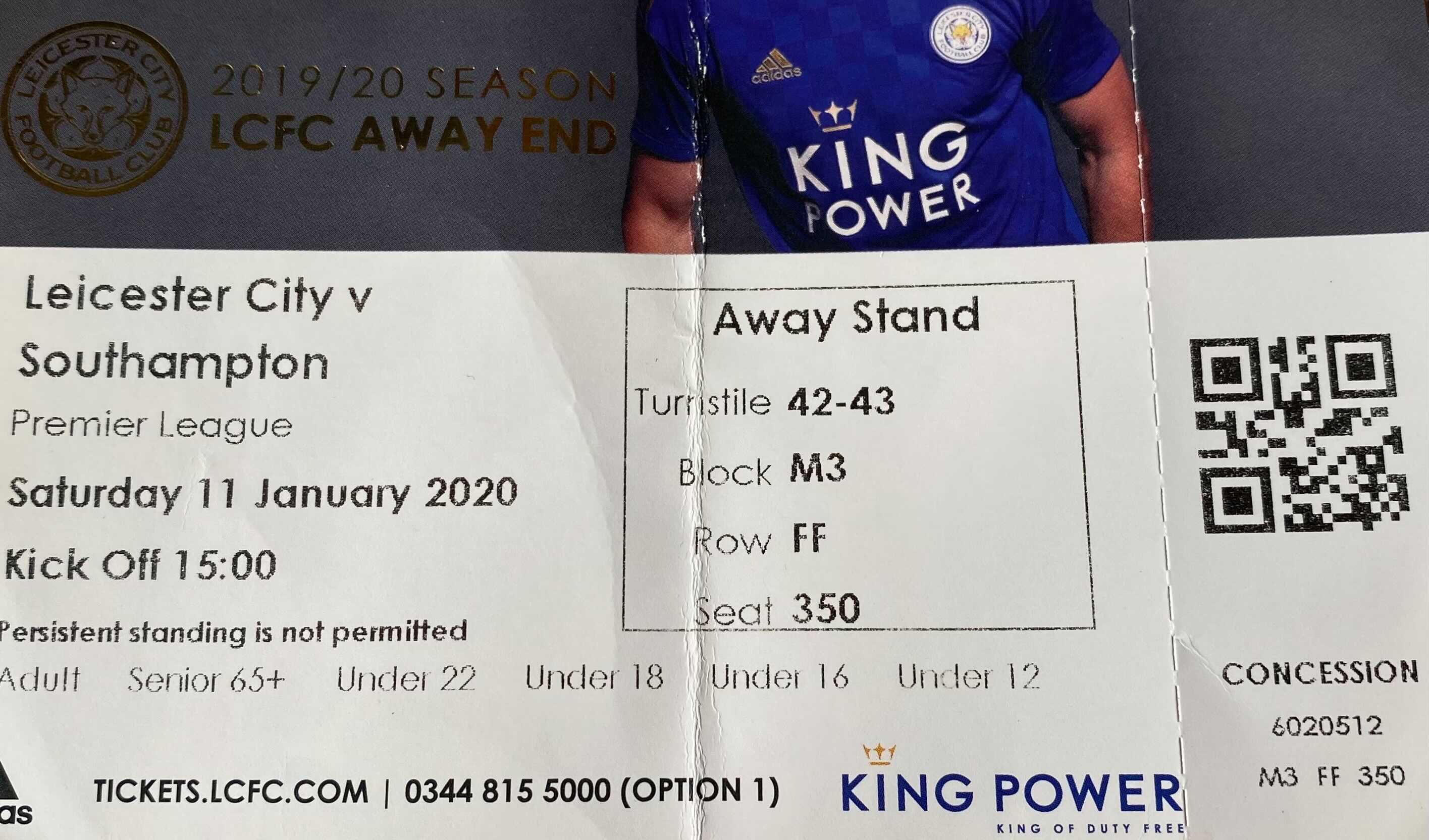 Leicester City away ticket in the Premier League on the 1/11/2020 at the King Power Stadium