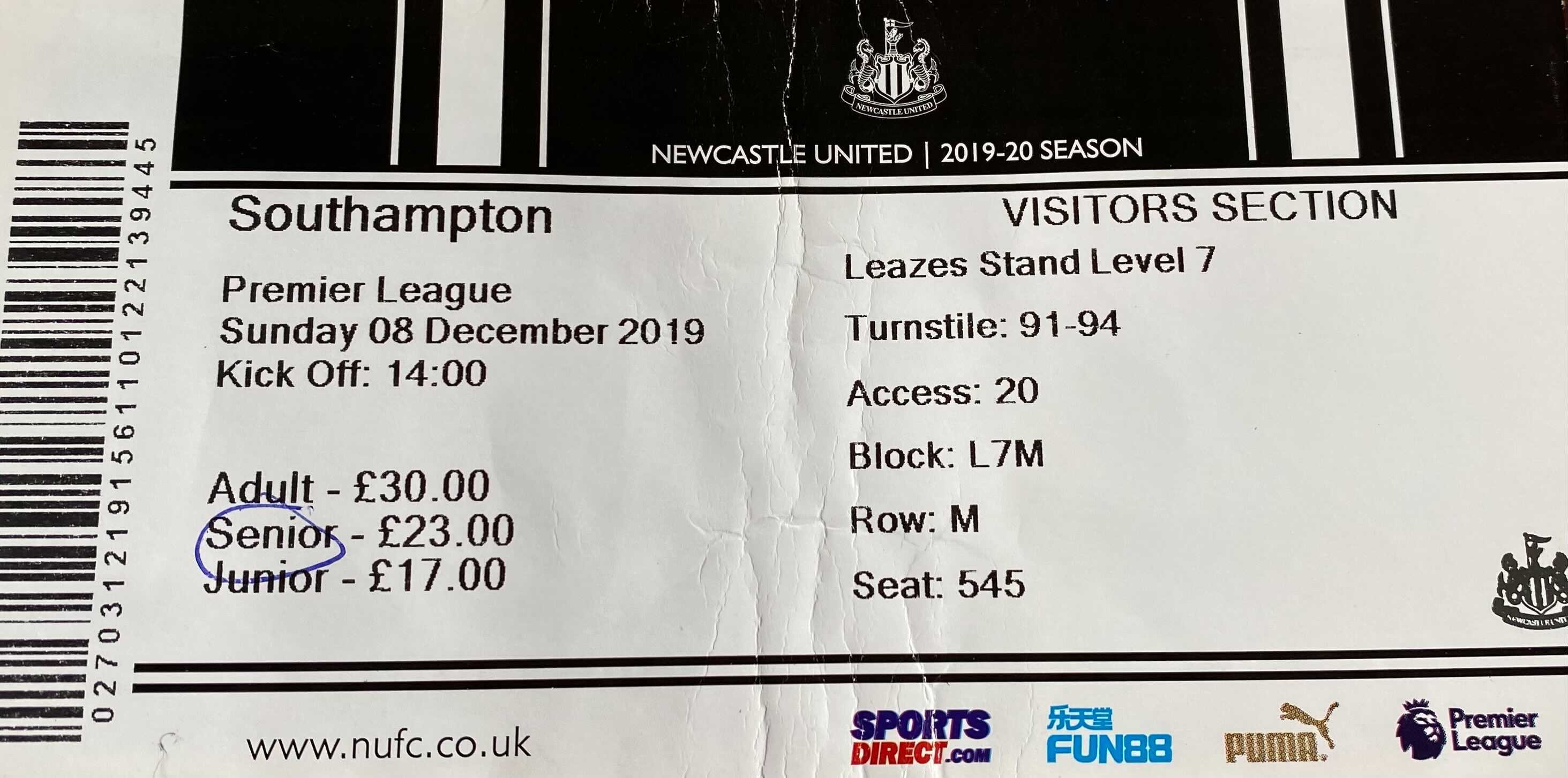 Newcastle United away ticket in the Premier League on the 12/8/2019 at the St James Park