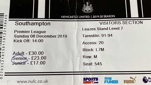 Newcastle United away ticket in the Premier League on the 12/8/2019 at the St James Park