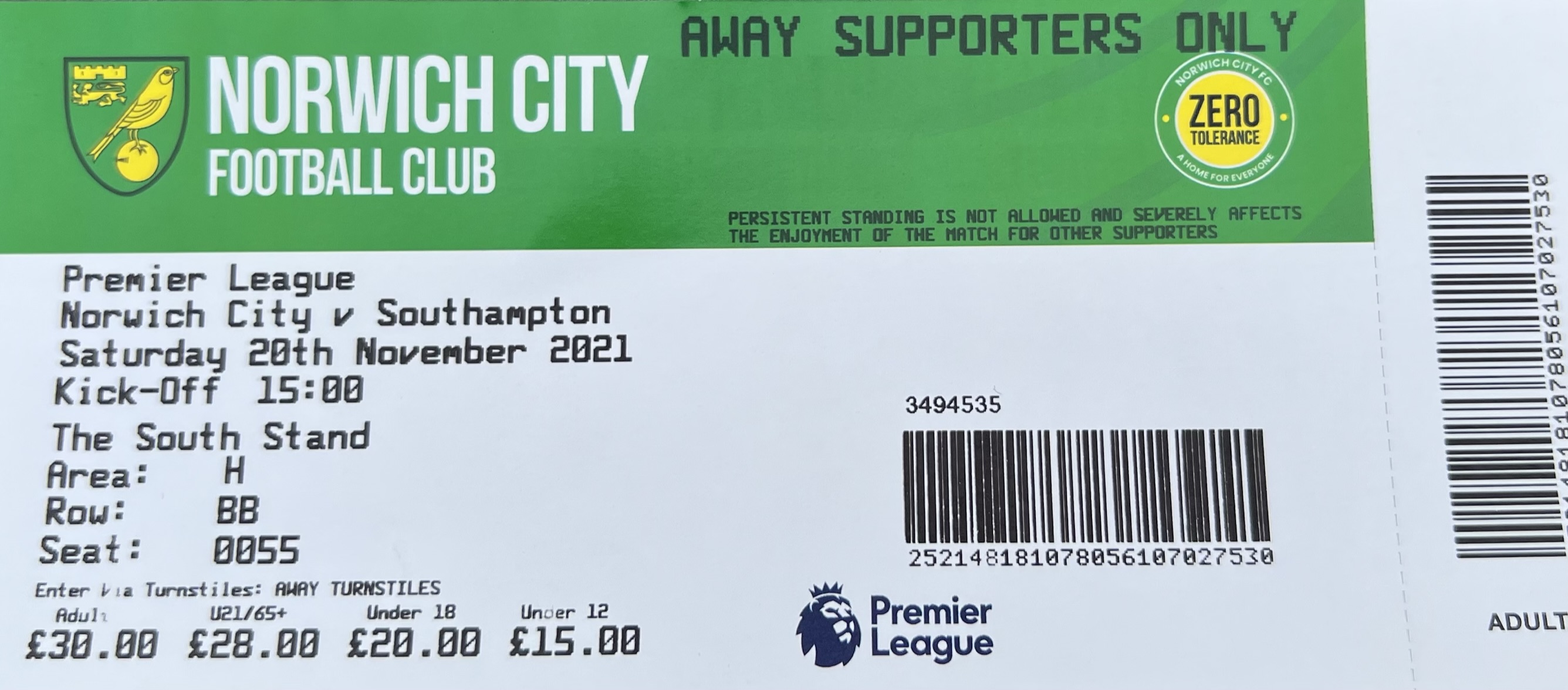 Norwich City away ticket in the Premier League on the 11/20/2021 at the Carrow Road