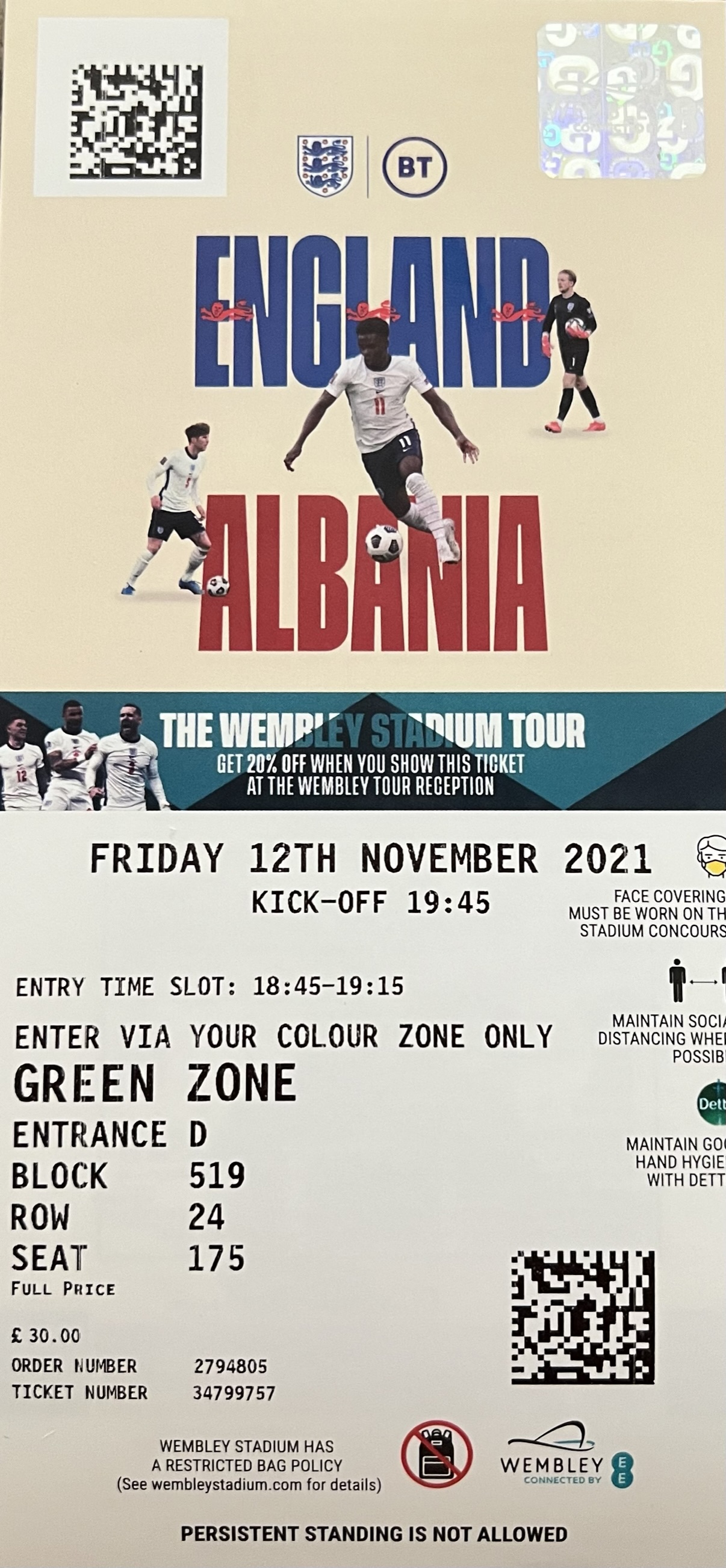  away ticket in the World Cup 2022 Qualifier on the 11/12/2021 at the Wembley