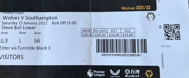 Wolverhampton Wanderers away ticket in the Premier League on the 1/15/2022 at the Molineux Stadium