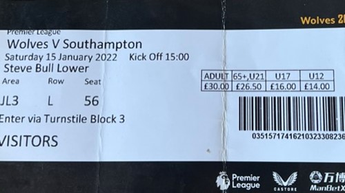 Wolverhampton Wanderers away ticket in the Premier League on the 1/15/2022 at the Molineux Stadium