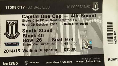 Stoke City away ticket in the Capital One Cup on the 10/29/2014 at the bet365 Stadium