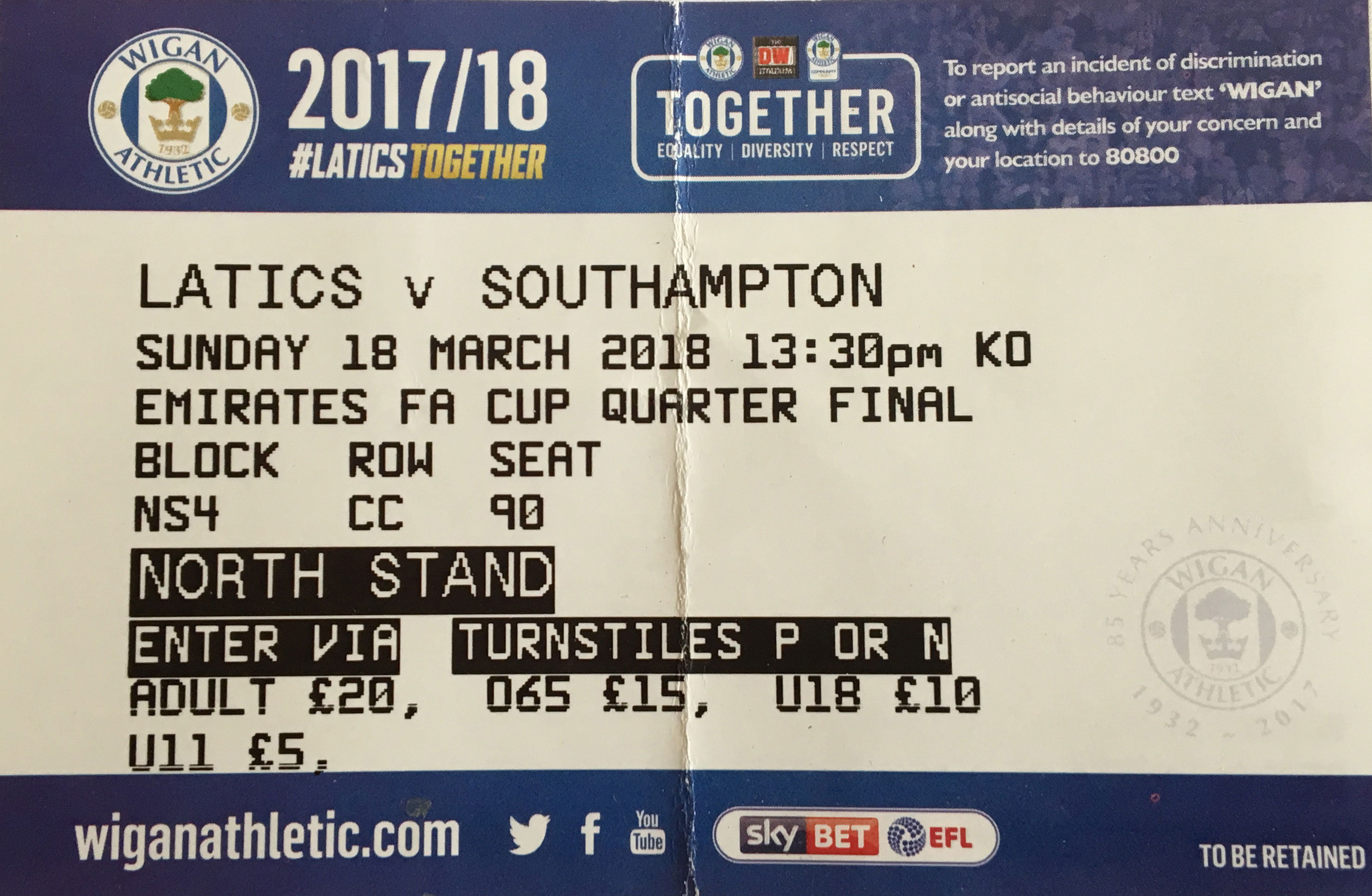 Wigan Athletic away ticket in the Emirates FA Cup on the 3/18/2018 at the DW Stadium