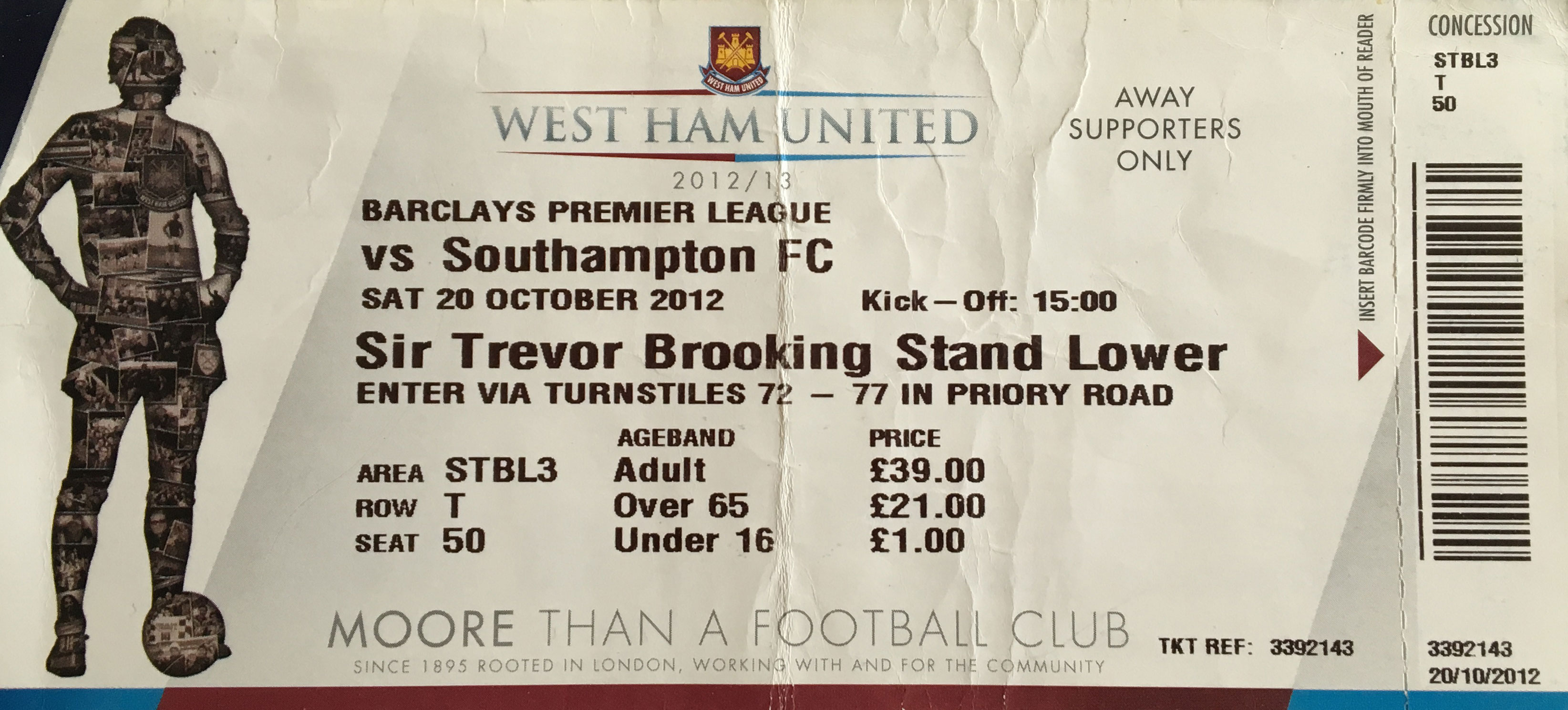 West Ham United away ticket in the Premier League on the 10/20/2012 at the Boleyn Ground