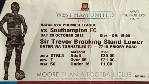 West Ham United away ticket in the Premier League on the 10/20/2012 at the Boleyn Ground