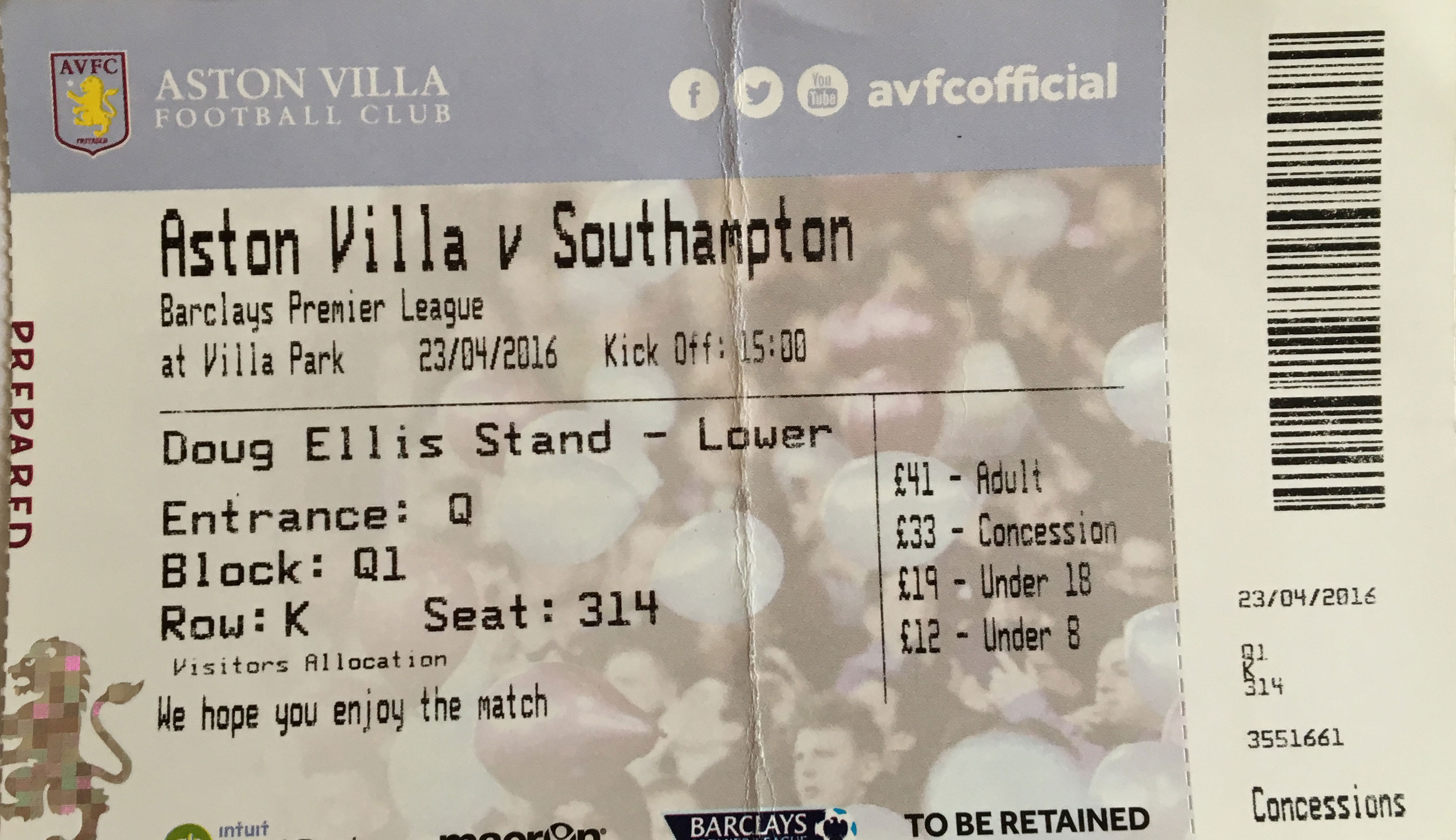 Aston Villa away ticket in the Premier League on the 4/23/2016 at the Villa Park