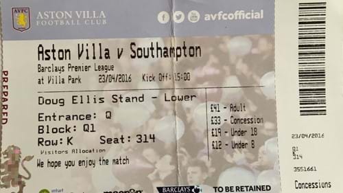 Aston Villa away ticket in the Premier League on the 4/23/2016 at the Villa Park